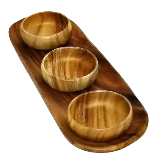 Hand-Carved Set of 4 Acacia Calabash Bowls with Baguette Tray